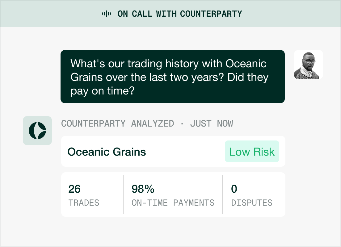 Counterparty intelligence, one question away